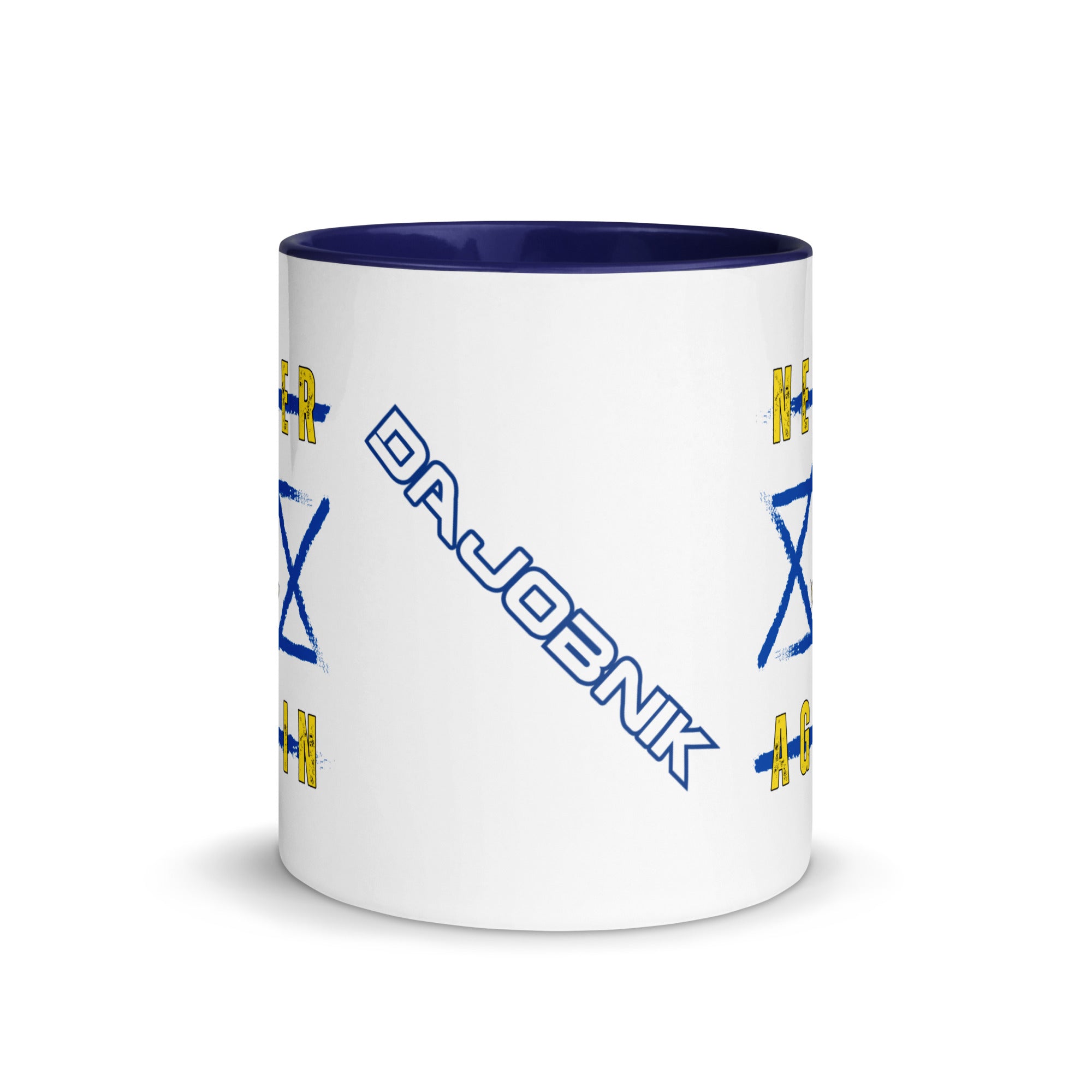 "Never Again" Dajobnik Exclusive White Mug Dark Blue 02